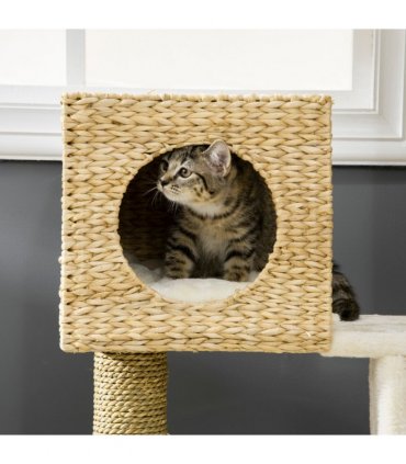 Cat Tree Kitten Tower Cattail Weave w/ Scratching Posts, Bed, House Pawhut