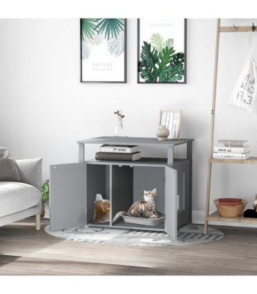 Wood Cat Litter Box Enclosure Furniture Adjustable Interior Wall Grey Pawhut