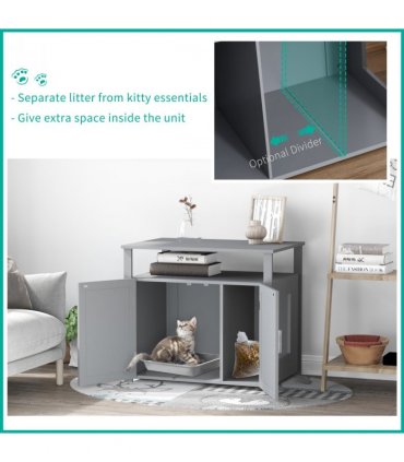 Wood Cat Litter Box Enclosure Furniture Adjustable Interior Wall Grey Pawhut