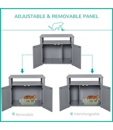 Wood Cat Litter Box Enclosure Furniture Adjustable Interior Wall Grey Pawhut