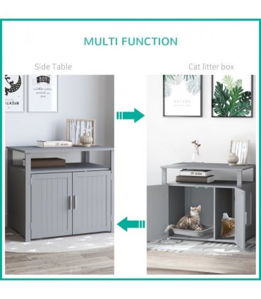 Wood Cat Litter Box Enclosure Furniture Adjustable Interior Wall Grey Pawhut