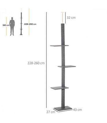 260cm Floor To Ceiling Cat Tree Kitten Tower Adjustable Height - Grey Pawhut