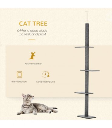 260cm Floor To Ceiling Cat Tree Kitten Tower Adjustable Height - Grey Pawhut