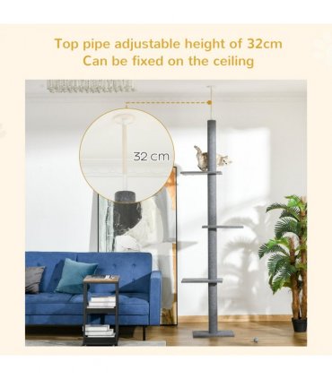260cm Floor To Ceiling Cat Tree Kitten Tower Adjustable Height - Grey Pawhut