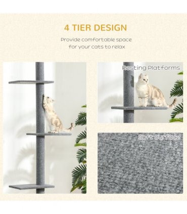 260cm Floor To Ceiling Cat Tree Kitten Tower Adjustable Height - Grey Pawhut
