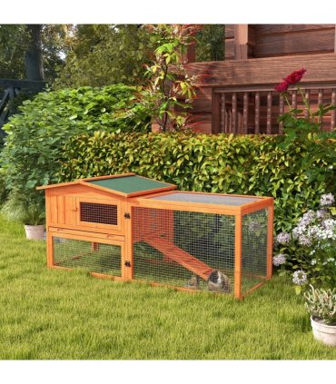 Rabbit Hutch and Run Outdoor Sliding Tray Hay Rack Ramp, 156x58x68 cm Pawhut