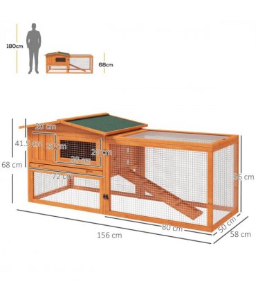 Rabbit Hutch and Run Outdoor Sliding Tray Hay Rack Ramp, 156x58x68 cm Pawhut