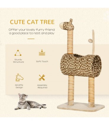 Cat Tree Cute Giraffe Kitten Play Tower W/ Scratching Posts Tunnel Ball Pawhut