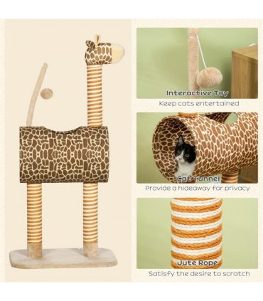 Cat Tree Cute Giraffe Kitten Play Tower W/ Scratching Posts Tunnel Ball Pawhut