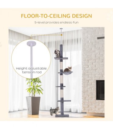 Cat Tree Scratching 5-Tier Kitty Tower  Floor to Ceiling  Adjustable Pawhut