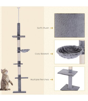 Cat Tree Scratching 5-Tier Kitty Tower  Floor to Ceiling  Adjustable Pawhut