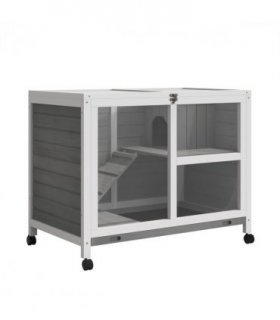 Wood Rabbit Hutch Grey 73H x 91.5L x 53.3Wcm Indoor Pet House Tray Ramp