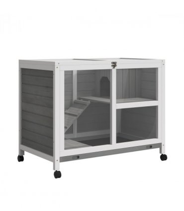 Wood Rabbit Hutch Grey 73H x 91.5L x 53.3Wcm Indoor Pet House Tray Ramp