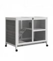 Wood Rabbit Hutch Grey 73H x 91.5L x 53.3Wcm Indoor Pet House Tray Ramp