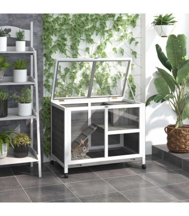 Wood Rabbit Hutch Grey 73H x 91.5L x 53.3Wcm Indoor Pet House Tray Ramp