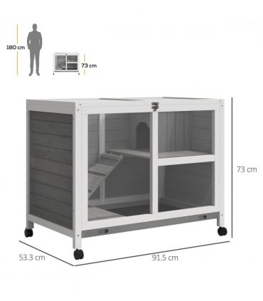Wood Rabbit Hutch Grey 73H x 91.5L x 53.3Wcm Indoor Pet House Tray Ramp