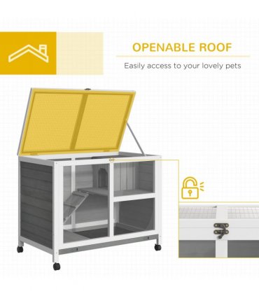 Wood Rabbit Hutch Grey 73H x 91.5L x 53.3Wcm Indoor Pet House Tray Ramp