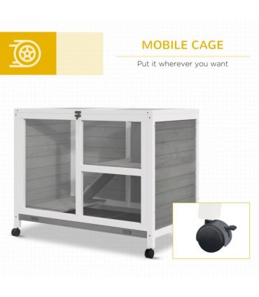 Wood Rabbit Hutch Grey 73H x 91.5L x 53.3Wcm Indoor Pet House Tray Ramp