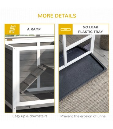 Wood Rabbit Hutch Grey 73H x 91.5L x 53.3Wcm Indoor Pet House Tray Ramp