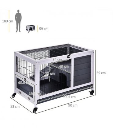 Wood Indoor Rabbit Hutch Elevated 2-Floor Guineas Pigs Cage w/ Wheels Pawhut