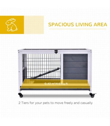 Wood Indoor Rabbit Hutch Elevated 2-Floor Guineas Pigs Cage w/ Wheels Pawhut