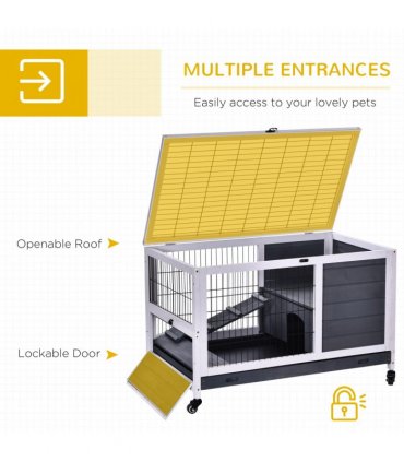 Wood Indoor Rabbit Hutch Elevated 2-Floor Guineas Pigs Cage w/ Wheels Pawhut