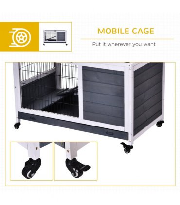 Wood Indoor Rabbit Hutch Elevated 2-Floor Guineas Pigs Cage w/ Wheels Pawhut