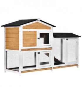 2-Tier Wooden Rabbit Hutch Guinea Pig House Pet Cage Outdoor Tray Ramp Pawhut