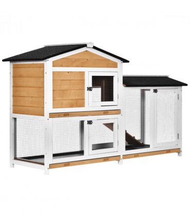 2-Tier Wooden Rabbit Hutch Guinea Pig House Pet Cage Outdoor Tray Ramp Pawhut