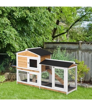 2-Tier Wooden Rabbit Hutch Guinea Pig House Pet Cage Outdoor Tray Ramp Pawhut