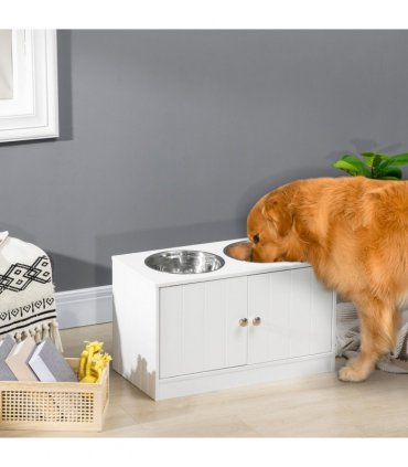 Raised Dog Bowls for Large Dogs Feeding Station Stand, Storage - White Pawhut