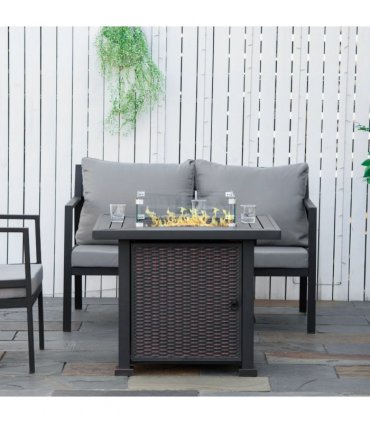 Outdoor Propane Gas Fire Pit Table Wind Screen & Glass Beads, Black Outsunny