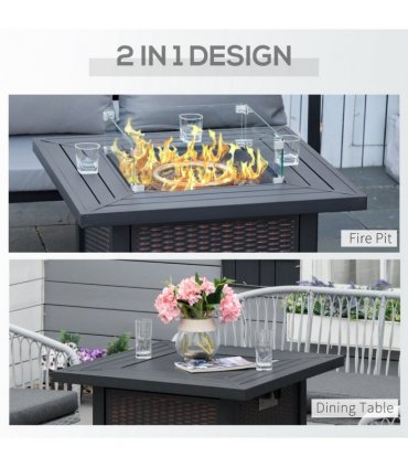 Outdoor Propane Gas Fire Pit Table Wind Screen & Glass Beads, Black Outsunny