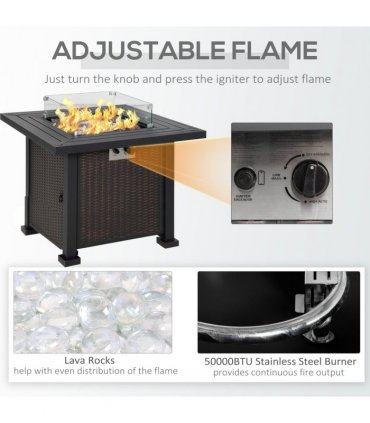 Outdoor Propane Gas Fire Pit Table Wind Screen & Glass Beads, Black Outsunny