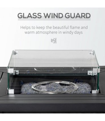 Outdoor Propane Gas Fire Pit Table Wind Screen & Glass Beads, Black Outsunny