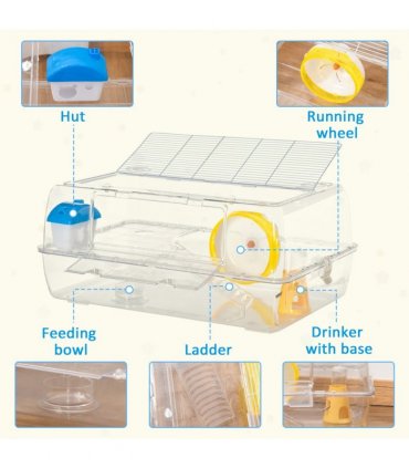 Portable 2 Storey Hamster Cage w/Running Wheel Drinker Feeding Bowl Transparent