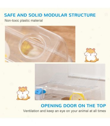 Portable 2 Storey Hamster Cage w/Running Wheel Drinker Feeding Bowl Transparent