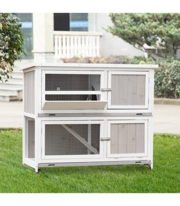 Rabbit Hutch Grey Fir Wood 100H x 122L x 50Wcm Two-Tier with Wheels & Cover