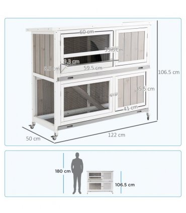 Rabbit Hutch Grey Fir Wood 100H x 122L x 50Wcm Two-Tier with Wheels & Cover