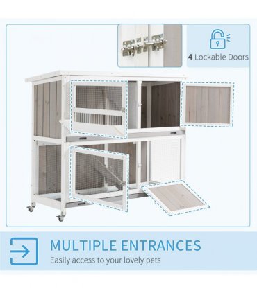 Rabbit Hutch Grey Fir Wood 100H x 122L x 50Wcm Two-Tier with Wheels & Cover
