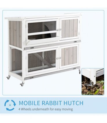 Rabbit Hutch Grey Fir Wood 100H x 122L x 50Wcm Two-Tier with Wheels & Cover
