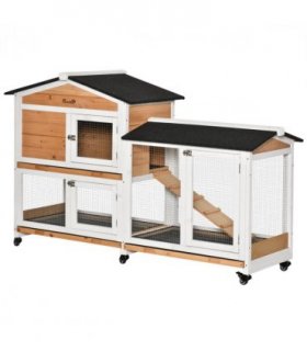 Rabbit Hutch Fir Wood Yellow 99.5H x 157.4L x 53Wcm Two Floors Ramp Mesh Wire