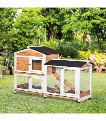 Rabbit Hutch Fir Wood Yellow 99.5H x 157.4L x 53Wcm Two Floors Ramp Mesh Wire