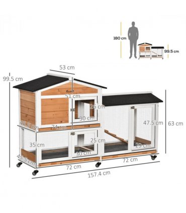 Rabbit Hutch Fir Wood Yellow 99.5H x 157.4L x 53Wcm Two Floors Ramp Mesh Wire