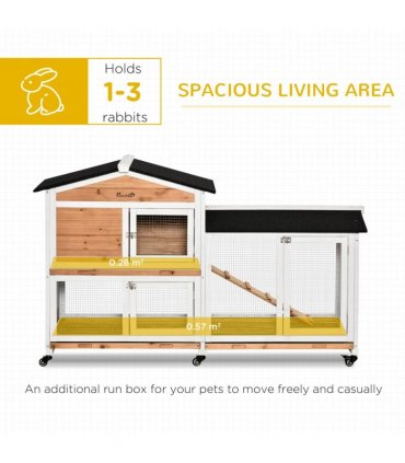 Rabbit Hutch Fir Wood Yellow 99.5H x 157.4L x 53Wcm Two Floors Ramp Mesh Wire