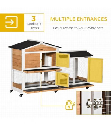Rabbit Hutch Fir Wood Yellow 99.5H x 157.4L x 53Wcm Two Floors Ramp Mesh Wire