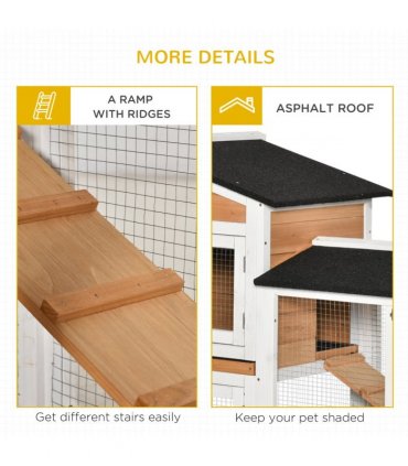 Rabbit Hutch Fir Wood Yellow 99.5H x 157.4L x 53Wcm Two Floors Ramp Mesh Wire