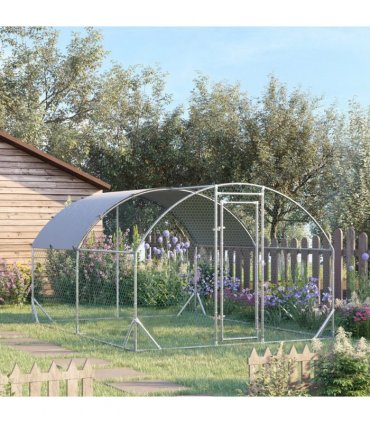 Walk-In Chicken Run Galvanised Chicken Coop w/ Cover 2.8 x 3.8 x 2m Pawhut