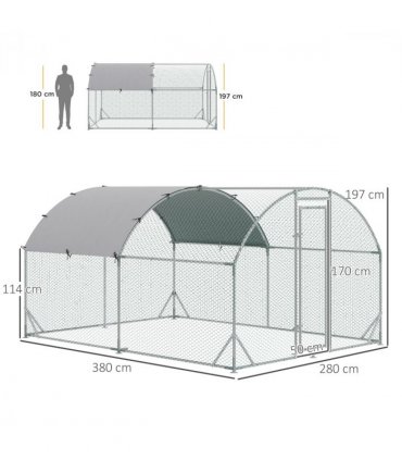 Walk-In Chicken Run Galvanised Chicken Coop w/ Cover 2.8 x 3.8 x 2m Pawhut