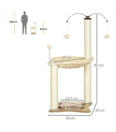 Cat Tree for Indoor Cats w/ Scratching Posts Hammock, Toy Ball - Beige Pawhut